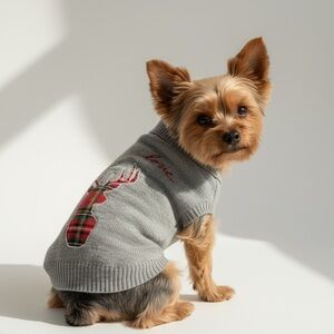 Ellen Degeneres Gray Sweater with Plaid Deer and Love Embroidery
